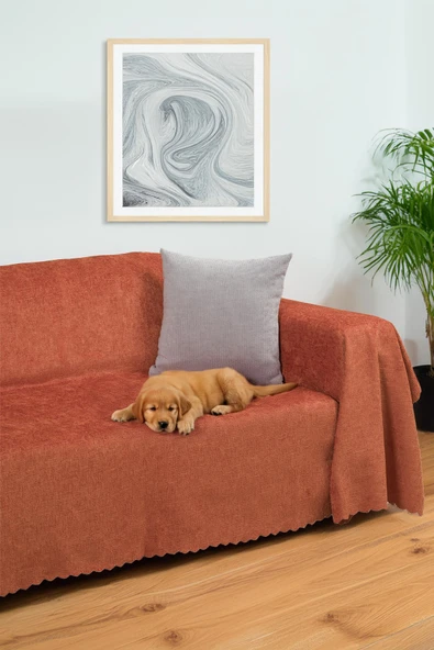 Jakarlı Şönil Koltuk Örtüsü  | Kanepe Örtüsü | Koltuk Şalı 175x300 Kaymaz Kiremit ürün görseli 1