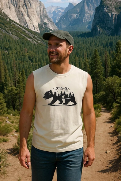 Erkek %100 Pamuk Bisiklet Yaka Bear Baskılı Kolsuz T-shirt ürün görseli 1