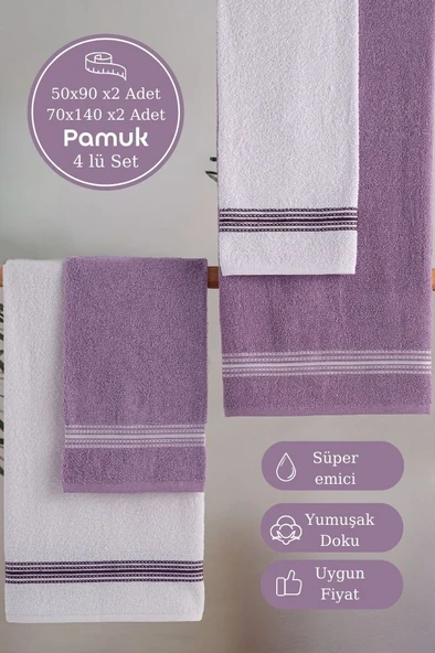 Banyo El Havlusu Seti 4 Lü Lila - Beyaz Elvin – Yumuşak Doku (70X140X2 /50X90CMX2) ürün görseli 1