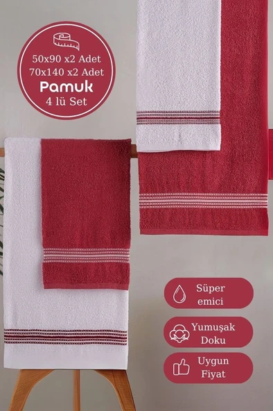 Banyo El Havlusu Seti 4 Lü Bordo - Beyaz Elvin – Yumuşak Doku (70X140X2 /50X90CMX2) ürün görseli 1