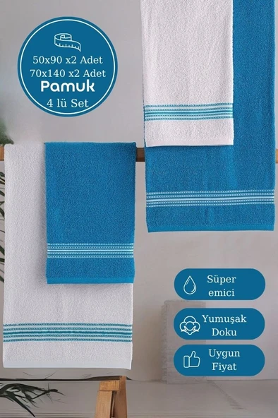 Banyo El Havlusu Seti 4 Lü Turkuvaz - Beyaz Elvin – Yumuşak Doku (70X140X2 /50X90CMX2) ürün görseli 1