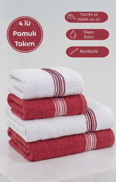 4'lü Pamuk Banyo - El Havlusu Seti Elvin 70x140cm X2 / 50x90cm X2 Bordo Beyaz ürün görseli 1