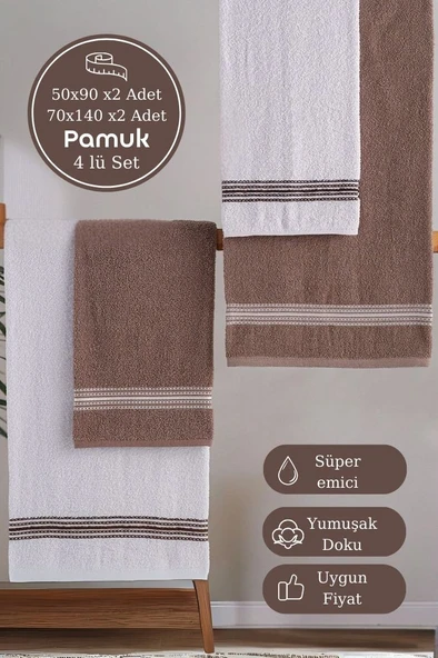 Banyo El Havlusu Seti 4 Lü Kahverengi - Beyaz Elvin – Yumuşak Doku (70X140X2 /50X90CMX2) ürün görseli 1