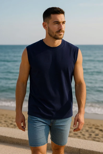 Erkek Bisiklet Yaka Sıfır Kol %100 Pamuk T-Shirt ürün görseli 1