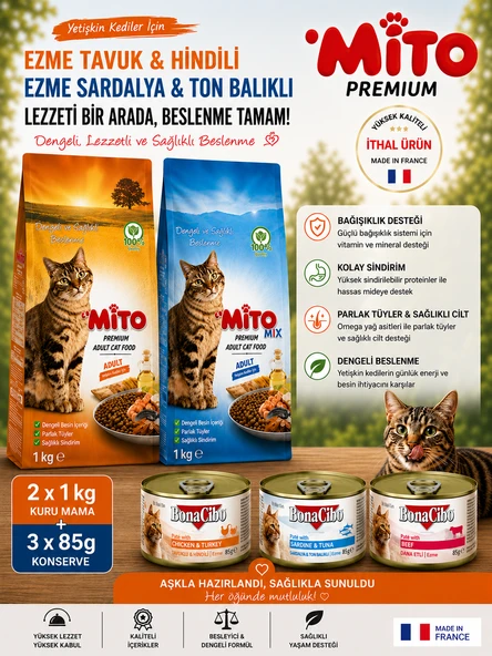 peturunsatis Mito & Mito Mix Kedi Maması 1 kg + 1 kg + 85 gr X 3 Yaş Mama ürün görseli 1