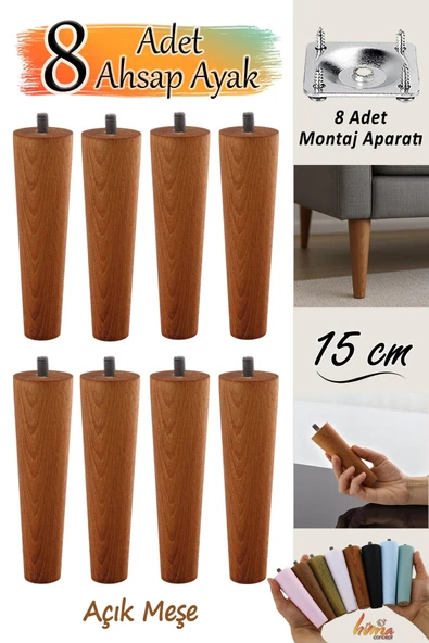 8 Adet Ahşap Ayak 15 Cm Açık Meşe M8 Civatalı Bağlantı Aparatlı Dolap Mobilya Koltuk Kanepe Destek Ayağı Ayakları ürün görseli 1