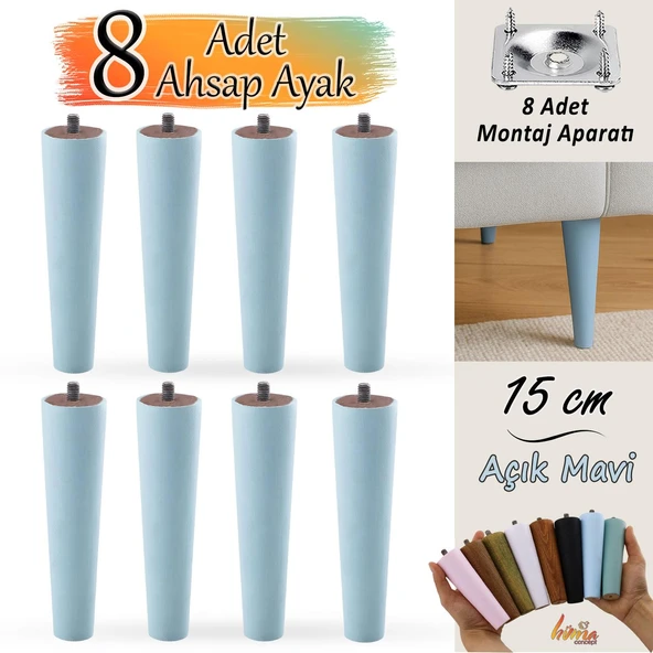 8 Adet Ahşap Ayak 15 Cm Açık Mavi M8 Civatalı Bağlantı Aparatlı Dolap Mobilya Koltuk Kanepe Destek Ayağı Ayakları ürün görseli 1
