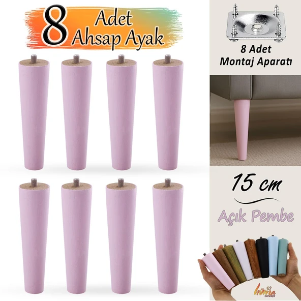 8 Adet Ahşap Ayak 15 Cm Açık Pembe M8 Civatalı Bağlantı Aparatlı Dolap Mobilya Koltuk Kanepe Destek Ayağı Ayakları ürün görseli 1