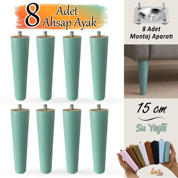 8 Adet Ahşap Ayak 15 Cm Su Yeşili M8 Civatalı Bağlantı Aparatlı Dolap Mobilya Koltuk Kanepe Destek Ayağı Ayakları ürün görseli 1