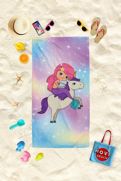 MoveBeach Unicorn Desenli Çocuk Plaj Havlusu, Banyo Havlusu ürün görseli 1