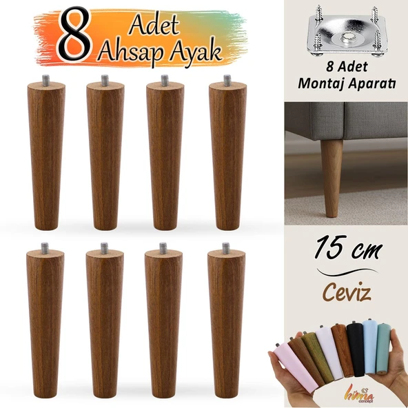 8 Adet Ahşap Ayak 15 Cm Ceviz M8 Civatalı Bağlantı Aparatlı Dolap Mobilya Koltuk Kanepe Destek Ayağı Ayakları ürün görseli 1