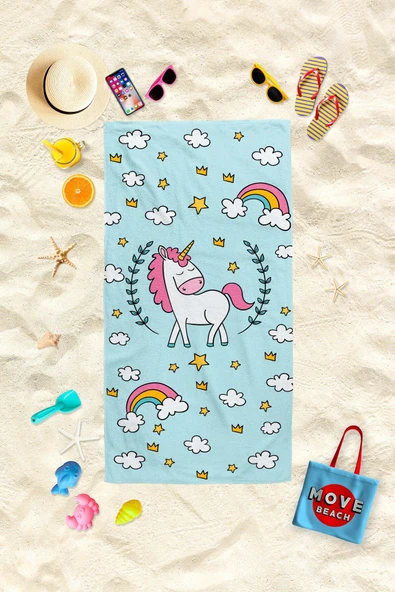 MoveBeach Unicorn Desenli Çocuk Plaj Havlusu, Banyo Havlusu ürün görseli 1
