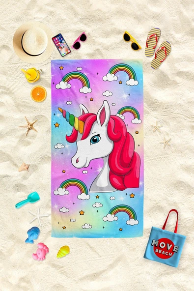 MoveBeach Unicorn Desenli Çocuk Plaj Havlusu, Banyo Havlusu ürün görseli 1