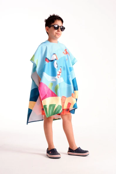 MoveBeach Unisex Çocuk Mavi Bornoz Havlu Panço ürün görseli 1