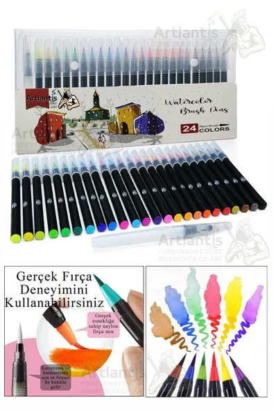 24 Renk Sulu Boya Fırça Uçlu Kalem 1 Paket 24 lü Watercolors Brush Pen Suluboya Keçe Uçlu Karıştırma Fırçası ürün görseli 1