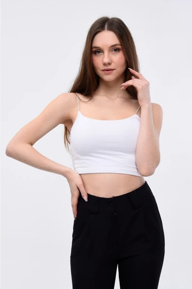 Bejna Kadın Beyaz Ip Askılı Göğüs Ek Parçalı Crop Atlet Bluz ürün görseli 1