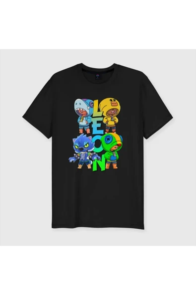 Unisex Cocuk Siyah Brawl Stars Leon Karakterli Tişörtü ürün görseli 1
