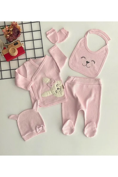 Ayıcık Nakışlı Desen 5 Parça Bebek Takımı Pembe Esnek Dokuma 5 Parça Düz Casual ürün görseli 1