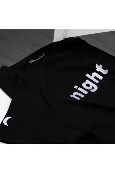 Siyah Night Nakışlı Kol Detaylı T-shirt ürün görseli 1
