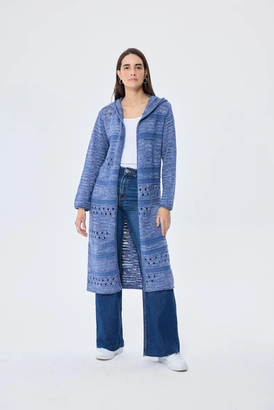 Peraluna Skyler, Ajurlu, Kadın Kapüşonlu Yazlık Uzun Triko Hırka - DENIM MIX ürün görseli 1