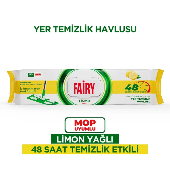 Fairy Çok Amaçlı Mop Uyumlu Yer Temizlik Havlusu 50 Yaprak | Limon Yağlı | Beyaz Sirke Karbonat ürün görseli 1