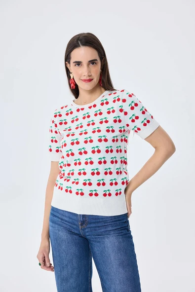 Peraluna Alice's Cherry, Kiraz Desenli Kadın Triko Yazlık Bluz  - EKRU MULTİ ürün görseli 1