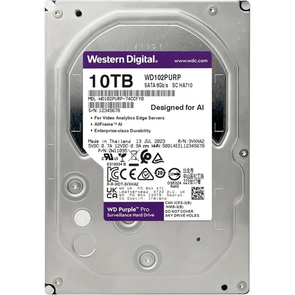 WD 10TB PURPLE PRO WD102PURP 512MB 7200RPM SATA-3 GÜVENLİK DİSKİ ürün görseli 1