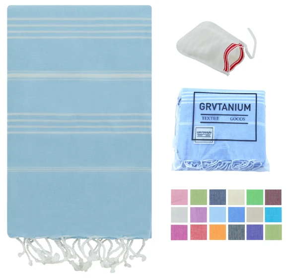 GRVTANIUM Açık Mavi %100 Pamuk 180x100cm Peştemal Püsküllü Banyo,Plaj,Hamam Havlusu Kese Hediyeli M2 ürün görseli 1