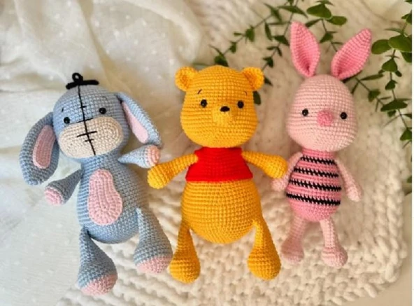 Amigurumi Organik Oyuncak Winni The Pooh Set (3'LÜ) Piglet, Eeyore, Winnie ürün görseli 1