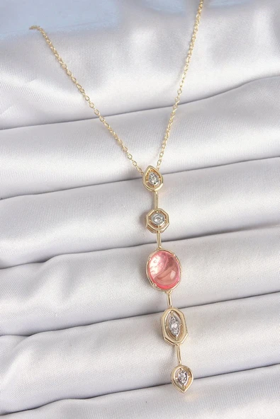 Pirinç Zincir Pembe Gold Renk Zirkon Taşlı Y Kolye - TJ-BKO10231 ürün görseli 1