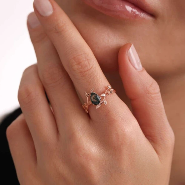 Moss Agate Altın Yüzük Rose - Resim 3