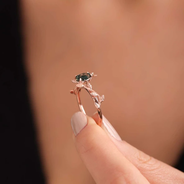Moss Agate Altın Yüzük Rose - Resim 2