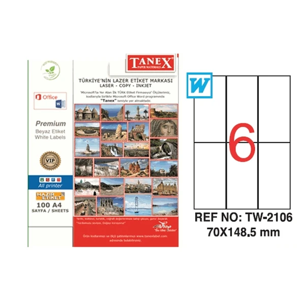 Tanex Laser Etiket 100 YP 70x148.5 Laser-Copy-Inkjet TW-2106 ürün görseli 1