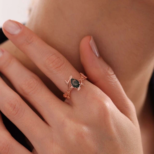 Moss Agate Altın Yüzük Rose - Resim 4