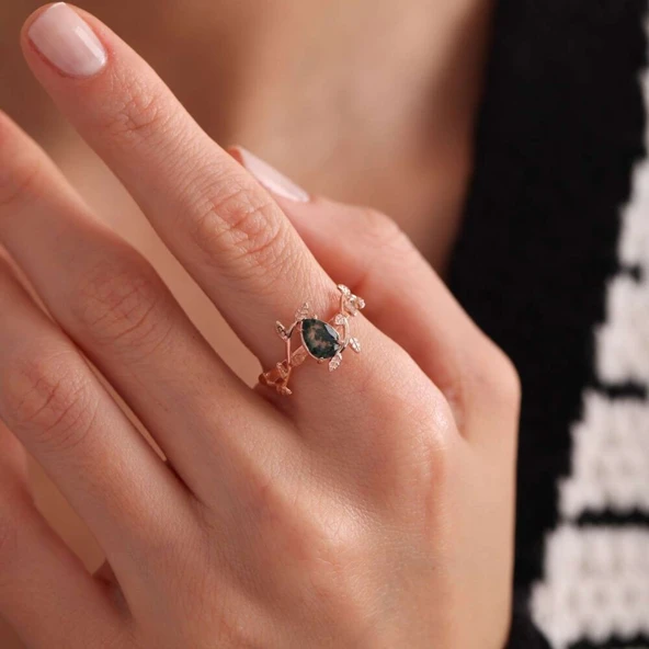Moss Agate Altın Yüzük Rose ürün görseli 1