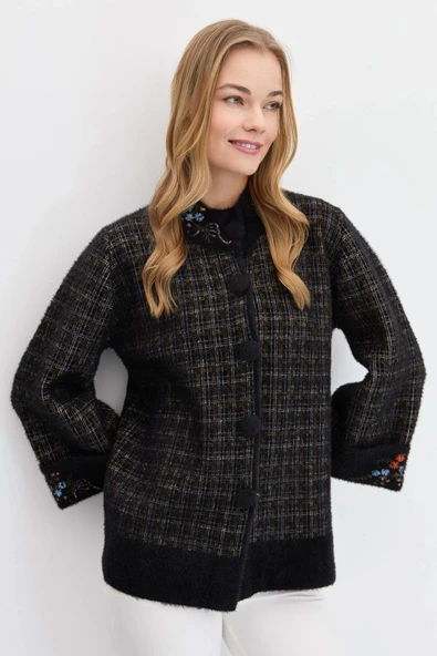 Desen Oversize Nakışlı 3/4 Kol Kadın Ceket - Vintage Stil ürün görseli 1