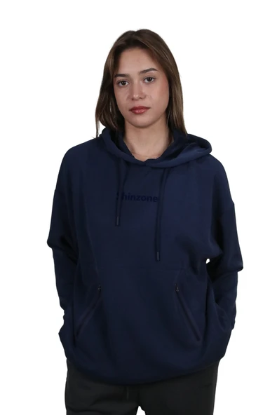 Kadın Yumuşak Dokulu Modal Kumaş Fermuar Cep Detaylı Rahat Kalıp Lacivert Kapüşonlu Sweatshirt ürün görseli 1