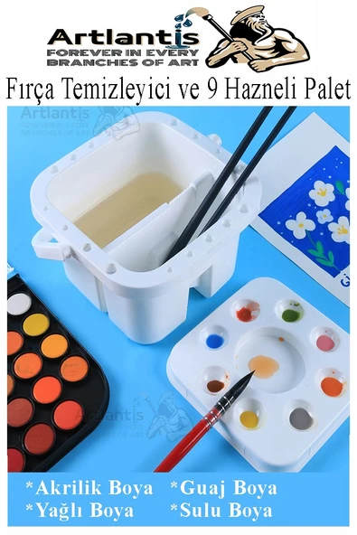 Fırça Temizleme ve 9 Hazneli Palet 1 Adet 18 li Resim Fırça Tutuculu Boya Fırçası Temizleyici Kapaklı Taşınabilir Plasti ürün görseli 1