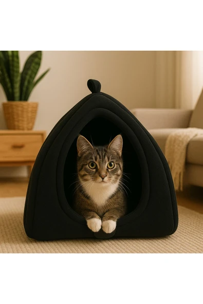 Kedi Mağarası Siyah Polar Kedi ve Köpek Yatağı Yumuşak ve Sıcak Evcil Hayvan Yatak Minderi ürün görseli 1