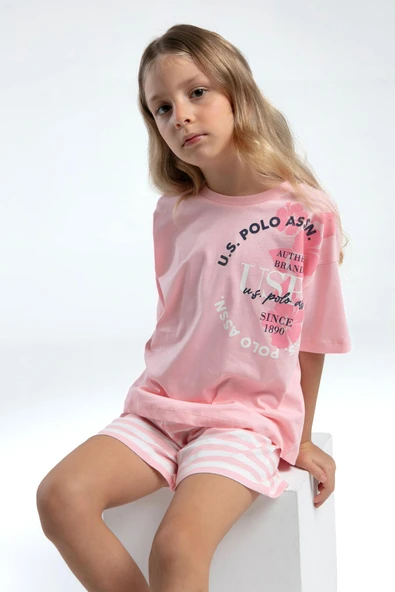 U.S. Polo Assn. 2073 Kız Çocuk Bisiklet Yaka Kısa Kollu Çizgili Şort Pijama Takım ürün görseli 1