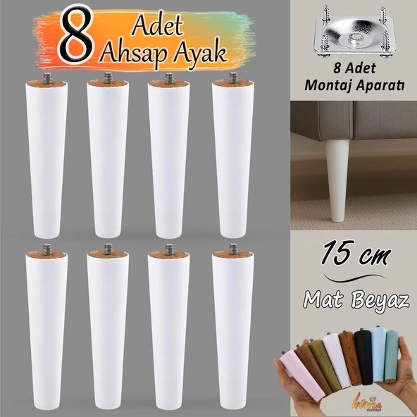 8 Adet Ahşap Ayak 15 Cm Beyaz M8 Civatalı Bağlantı Aparatlı Dolap Mobilya Koltuk Kanepe Destek Ayağı Ayakları ürün görseli 1