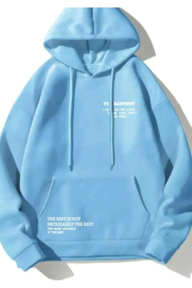 Unisex Bebe Mavi Happiest Baskılı Oversize Kapşonlu Sweatshirt ürün görseli 1