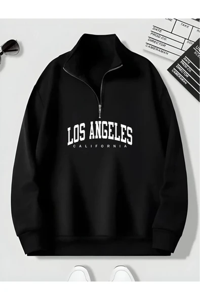 Wish BF Yarım Fermuarlı Los Angels Baskılı Siyah Unisex Oversize Sweetshirt ürün görseli 1