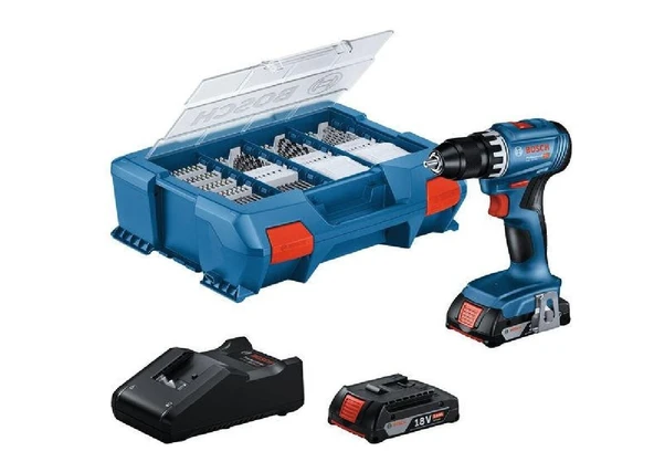 Bosch GSR 18V-45 Çift Akülü 2.0 Ah Vidalama + 63 Parça Aksesuar Seti ürün görseli 1