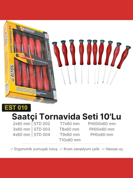 Eltos Torx-Düz-Yıldız Saatçi Klemens Tornavida Seti 10 Parça ürün görseli 1