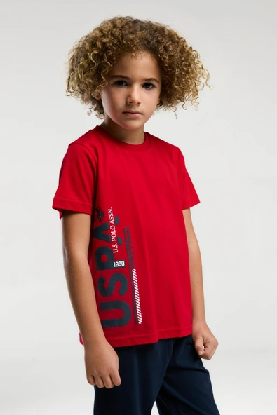 U.S. Polo Assn. 2013 Garson Erkek Çocuk Kırmızı Bisiklet Yaka Kısa Kol Manşetli Pijama Takım ürün görseli 1