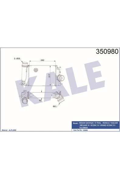 Kale 350980 Turbo Radyatörü Intercooler Mgn Iv-kadjar-talısman-scenıc-qashqaı 1.5dci- Xtraıl 1.6 64x217.9x282 ürün görseli 1