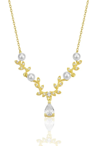 Gümüş altın yaldızlı inci ve zirkon taşlı yaprak firgürlü prenses kolye SGTL12355GOLD ürün görseli 1
