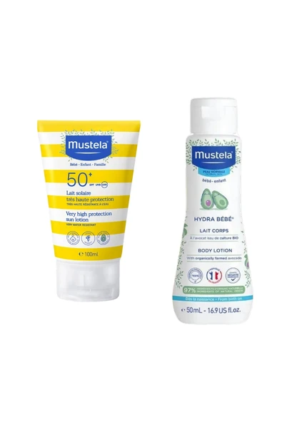 Mustela SPF50+ Çok Yüksek Koruma Faktörlü Güneş Losyonu 100 ml + Hydra Bebe Vücut Losyonu 50 ml ürün görseli 1