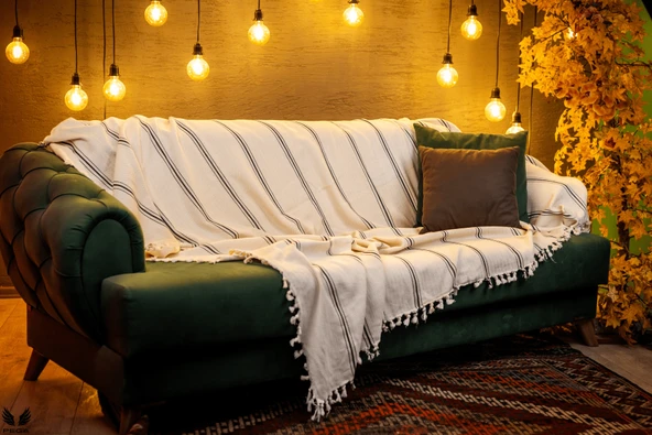 Pega 200x240 cm %100 Koton Siyah Çizgili Bej Koltuk Örtüsü Şalı Çift Kişilik Pike ürün görseli 1
